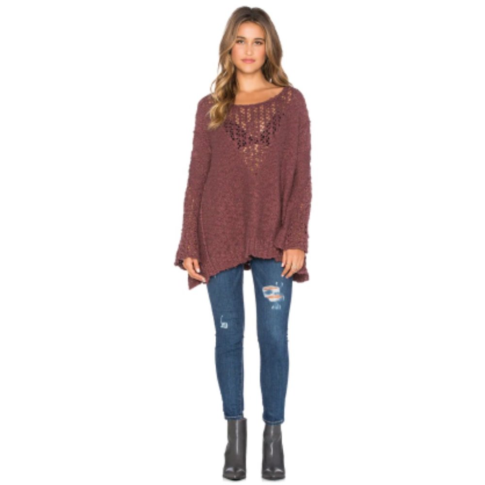 FREE PEOPLE Pretty Pointelle Vee Sweater in Rose Glow XS